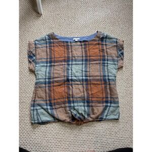 LL Bean Signature‎ Womens Plaid 100% Linen Front boxy Short Sleeve Top coastal M